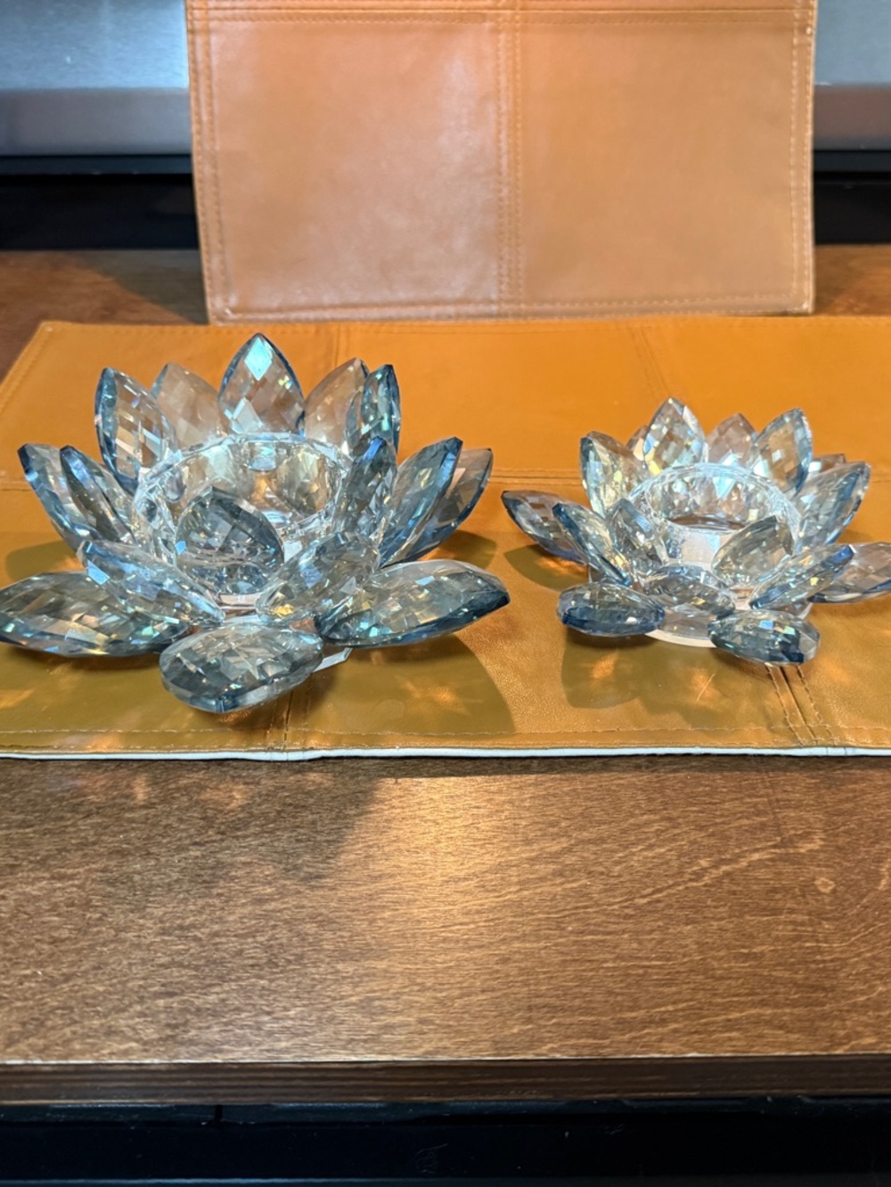 Blue Crystal Lotus Candle Holders - Decorative Home Accent Set